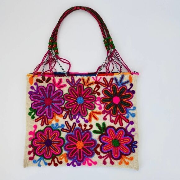 NWOT Mexican Wool Floral Multi Boho Tote Bag - Picture 3 of 5